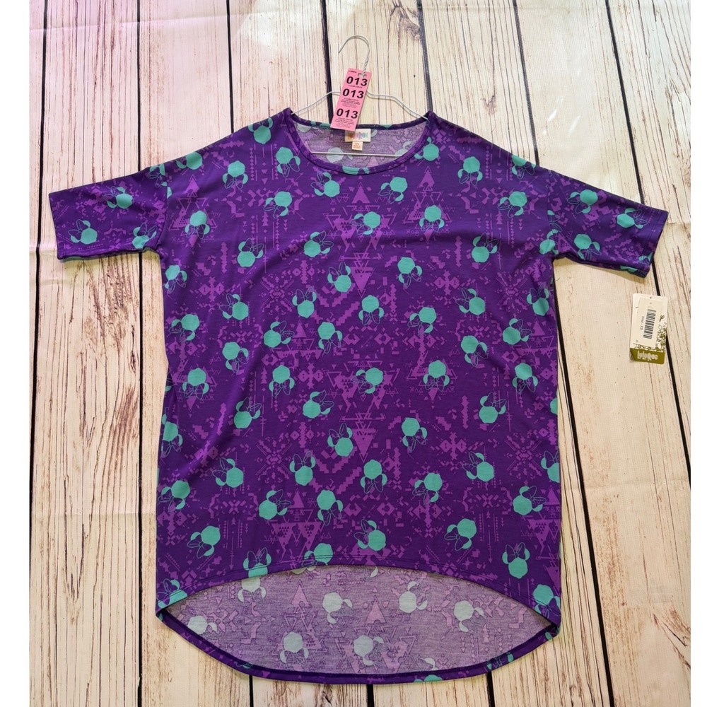 LuLaRoe Disney Irma Tunic Top Purple Minnieā Mouse Geometric Print XS NWT